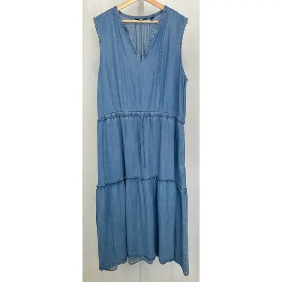 knee length dresses for ladies Lands' End Green & White Floral Ruffle Strap Tiered Midi Dress main image 1